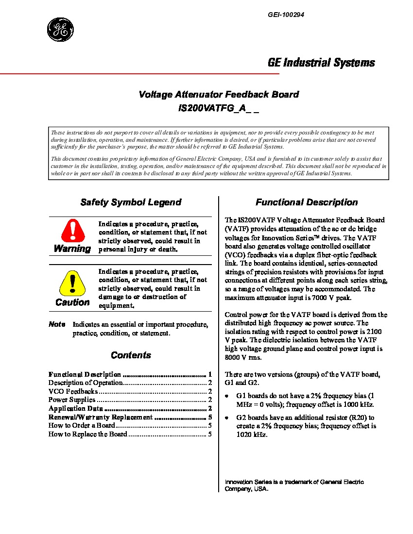 First Page Image of IS200VATFG1AAA GEI-100294 Voltage Attenuator Feedback Board Manual.pdf